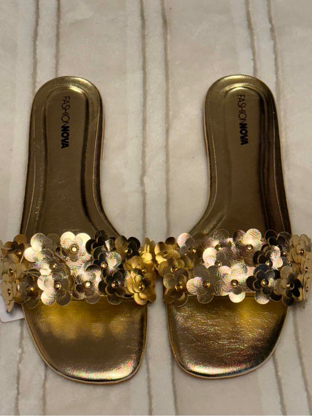 Fashion Nova Gold Floral Sequin Slide Sandals